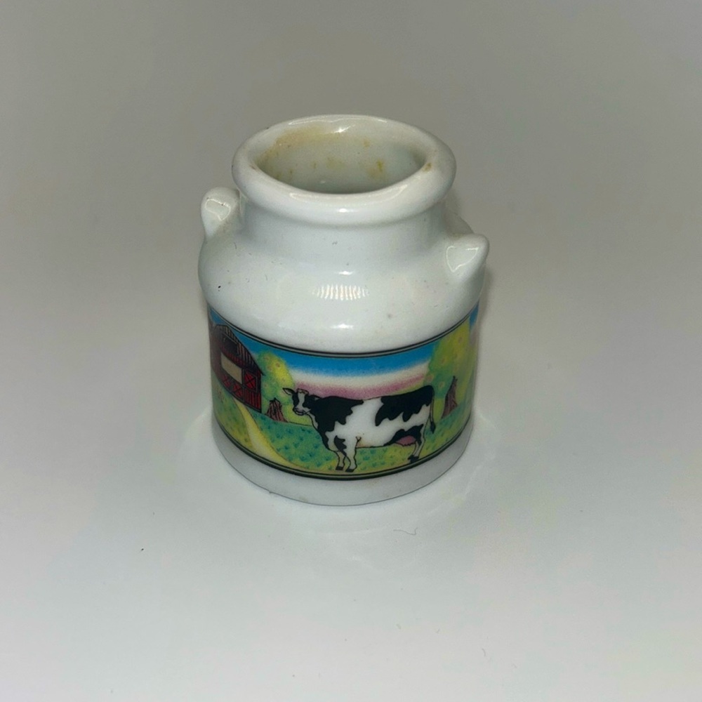 Vtg Porcelain Dairy Cow Barn Scene Miniature Milk Jug Toothpick Holder